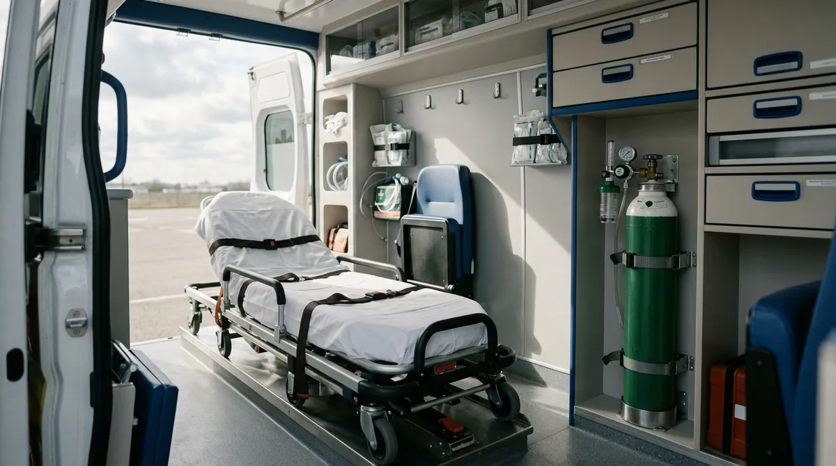 Cellule sanitaire d’une ambulance avec brancard et oxygène