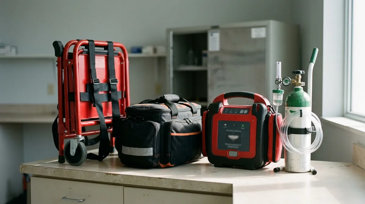 Matériel de transport sanitaire : chaise portoir, défibrillateur, oxygène